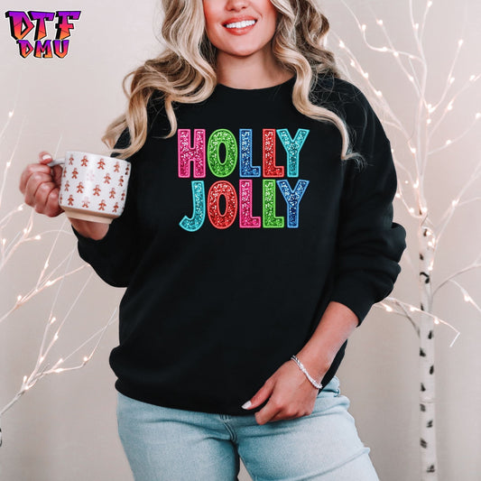 Holly Jolly faux Embroidery Christmas DTF Transfer