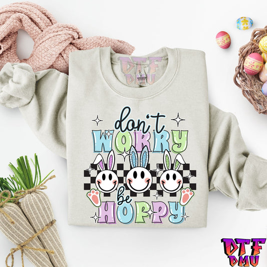 Don't Worry Be HOPPY Easter DTF Transfer Print (Purple,Blue,Green Ears)